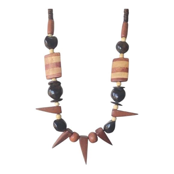 Vintage 1980’s Tribal Inspired Chunky Variety Style Shapes Wooden Brown Necklace - Picture 10 of 10